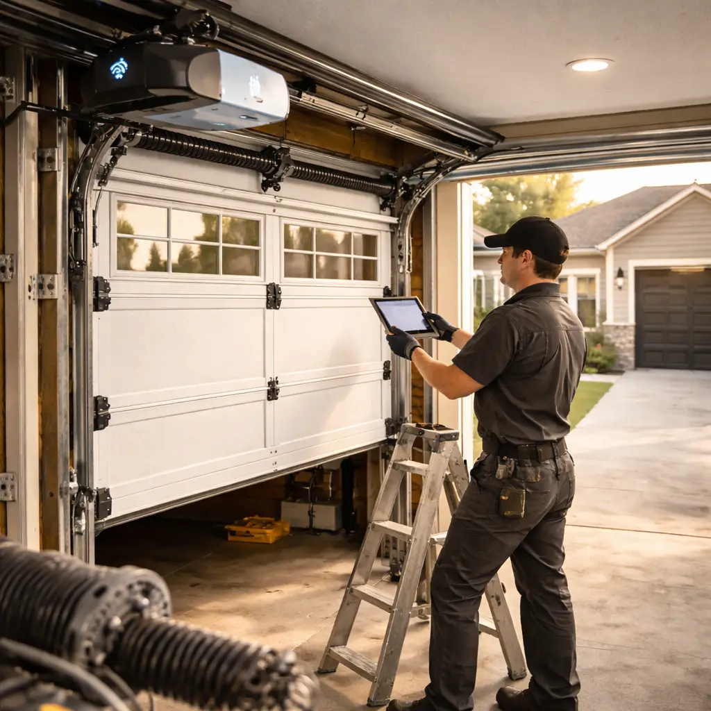 Technician installing smart garage door system with WiFi opener in residential garage