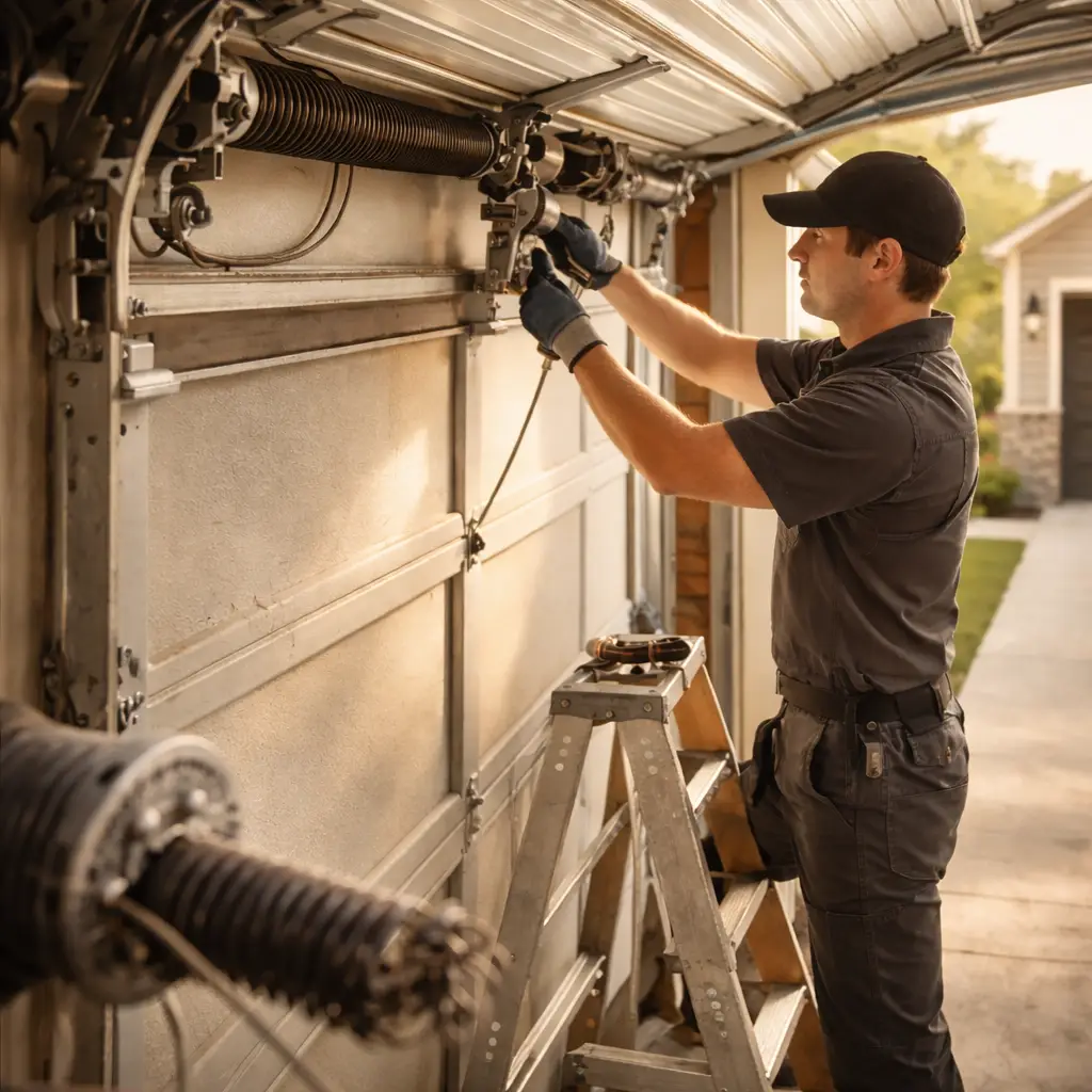 Garage door technician repairing spring and cable system